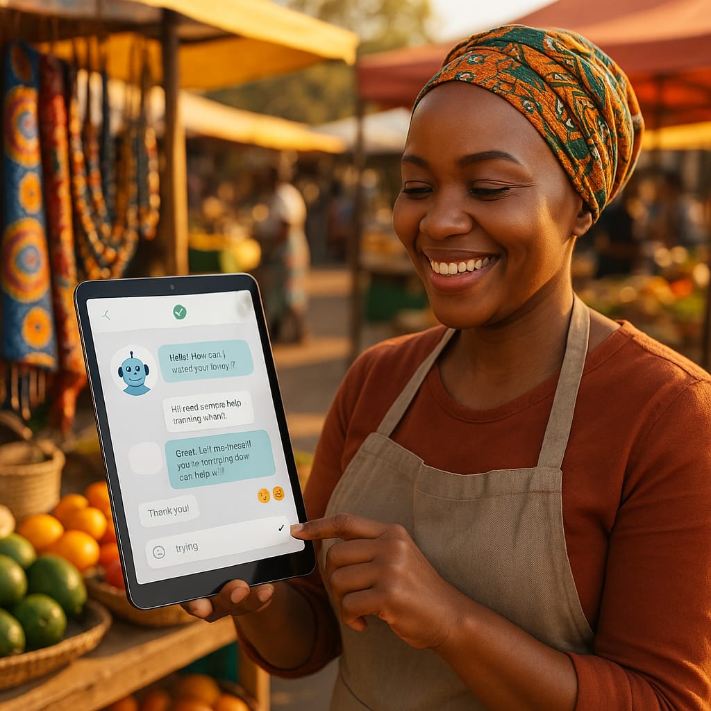 A small retail business owner in a local South African market looking at a tablet showing a friendly, instant customer service chatbot conversation, symbolising enhanced customer experience